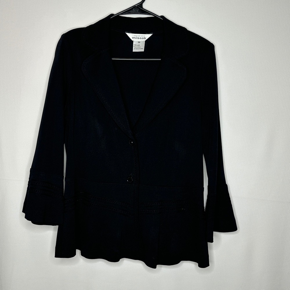 Misook Jacket Knit Blazer Black Pointelle Trim Bell Sleeve XS